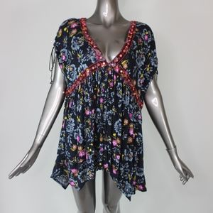 Free People Escapedes Floral Print Navy Blouse Top